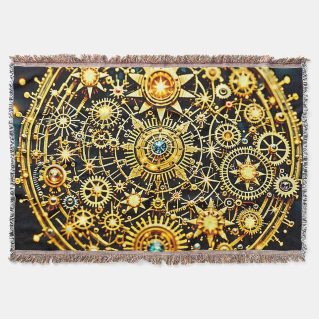 Golden Clockwork Celestial Art Throw Blanket (Front)