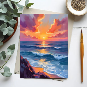 Golden Coast   Ocean Sunset Watercolor Painting Postcard