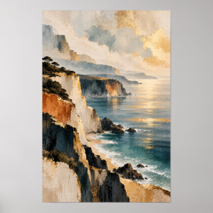 Golden Coastal Cliffs and Blue Sea Landscape Wall  Poster