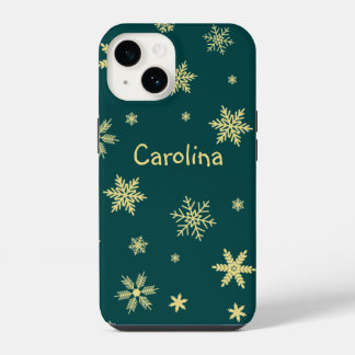 golden colour snowflakes name teal iPhone 14 case