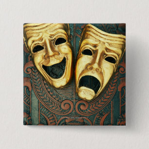 Golden comedy and tragedy masks on patterned 2 inch square button