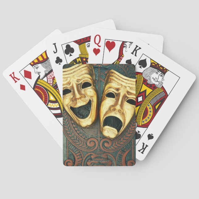 Golden comedy and tragedy masks on patterned playing cards (Back)