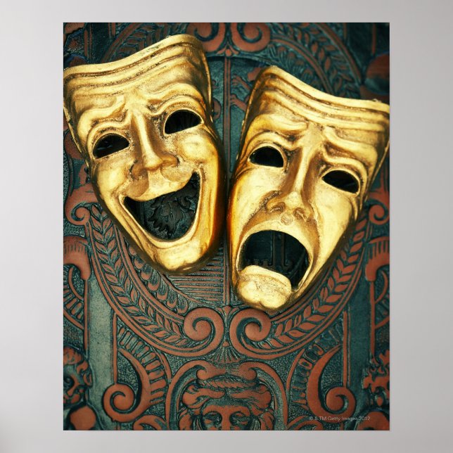 Golden comedy and tragedy masks on patterned poster (Front)