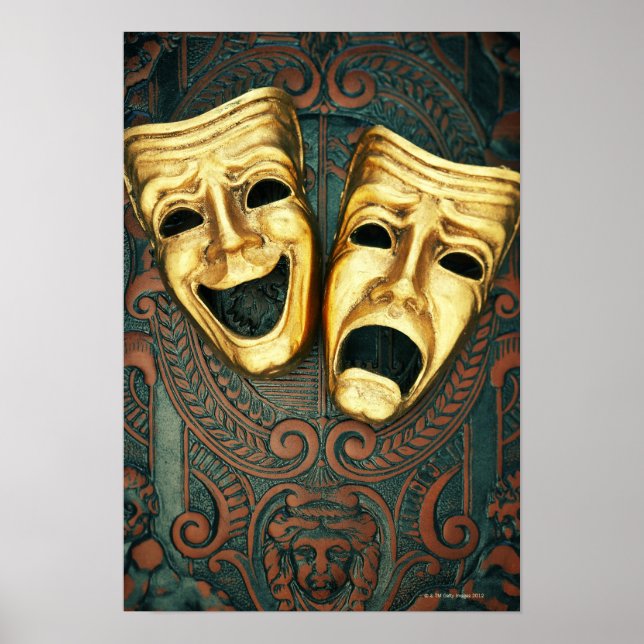 Golden comedy and tragedy masks on patterned poster (Front)