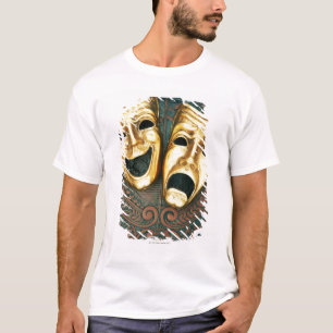 Golden comedy and tragedy masks on patterned T-Shirt