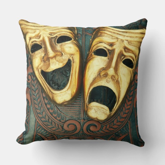 Golden comedy and tragedy masks on patterned throw pillow (Front)