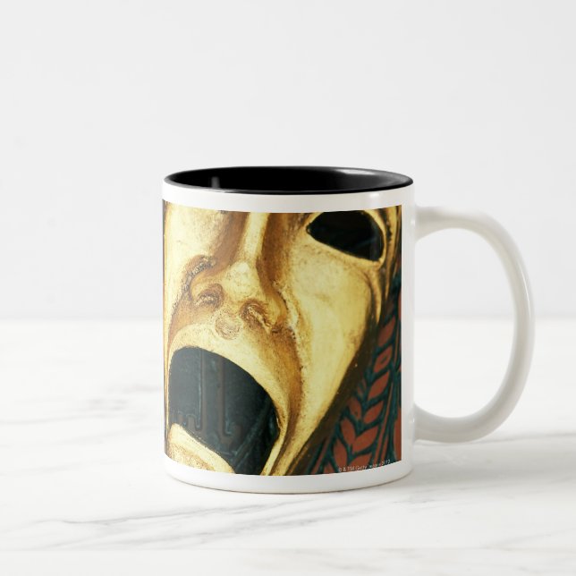 Golden comedy and tragedy masks on patterned Two-Tone coffee mug (Right)