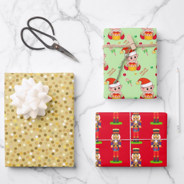 Golden Confetti, Christmas Elf, Nutcracker Wrapping Paper Sheet (Front)