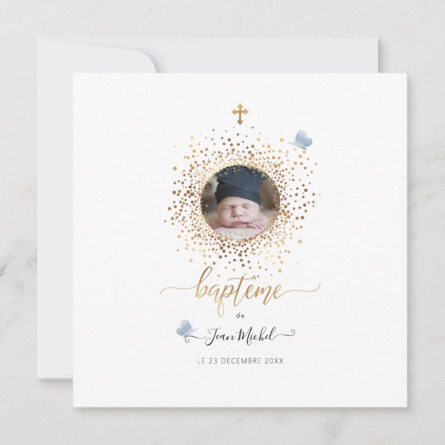 Golden Confetti French Baptism Invitation (Front)