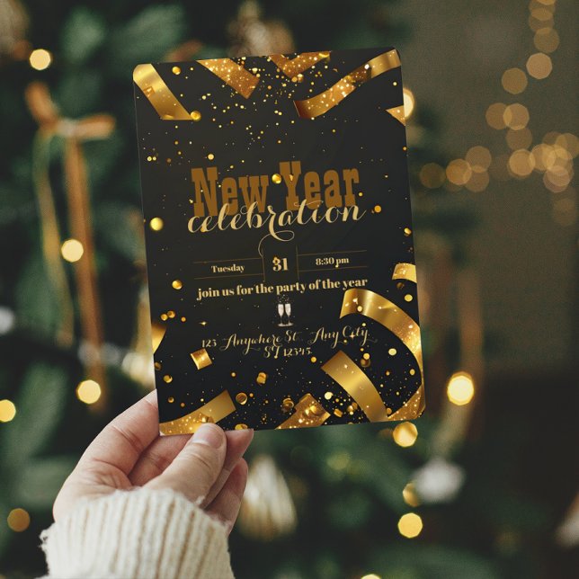 Golden Confetti Glitter Explosion Festive New Year Invitation (Creator Uploaded)