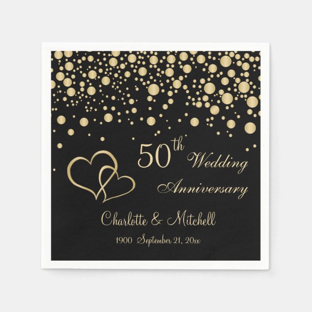 Golden confetti, hearts 50th Wedding Anniversary Napkin (Front)