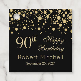 Golden confetti on black 90th Birthday Favour Tags