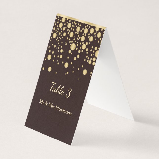 Golden confetti on brown Table number, place card (Front)