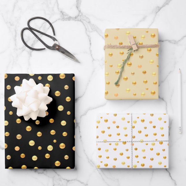 Golden Confetti on Golden, Black & White Wrapping Paper Sheet (Front)