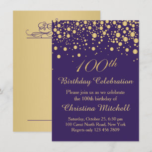 Golden confetti on purple 100th Birthday Party Invitation