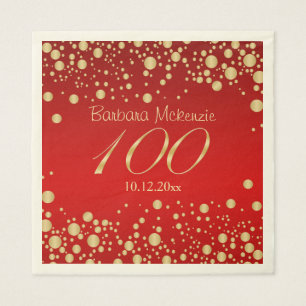 Golden confetti on red 100th Birthday Party Napkin