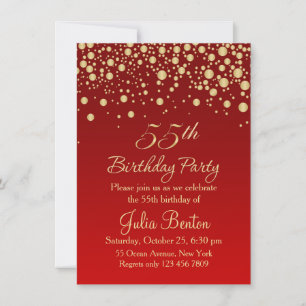 Golden confetti on red 55th Birthday Invitation