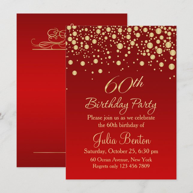 Golden confetti on red 60th Birthday Invitation (Front/Back)