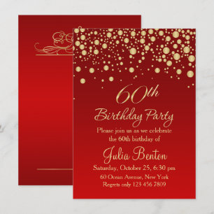 Golden confetti on red 60th Birthday Invitation