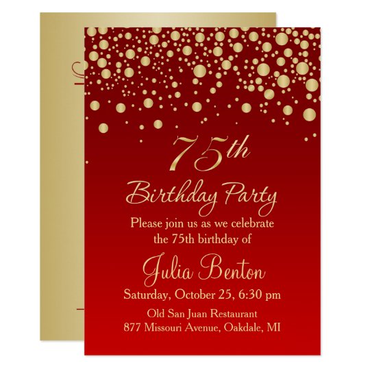 Golden confetti on red 75th Birthday Invitation