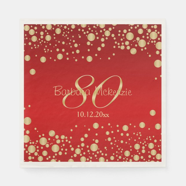 Golden confetti on red 80th Birthday Party Napkin (Front)