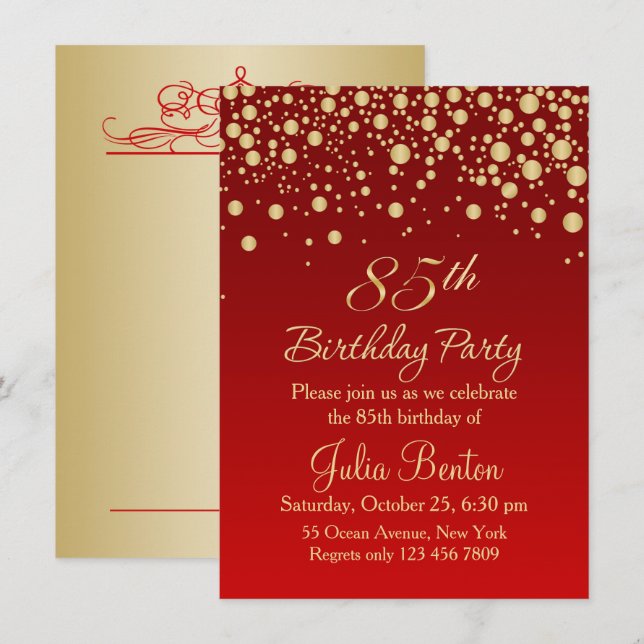 Golden confetti on red 85th Birthday Invitation (Front/Back)