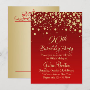 Golden confetti on red 90th Birthday Invitation
