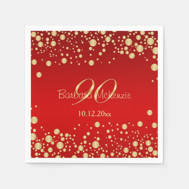 Golden confetti on red 90th Birthday Party Napkin (Front)