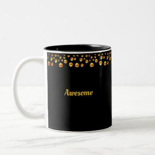Golden Confetti & Personalized Text on Black Two-Tone Coffee Mug