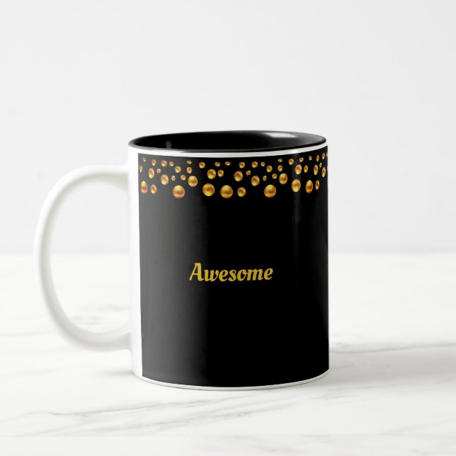 Golden Confetti & Personalized Text on Black Two-Tone Coffee Mug (Left)