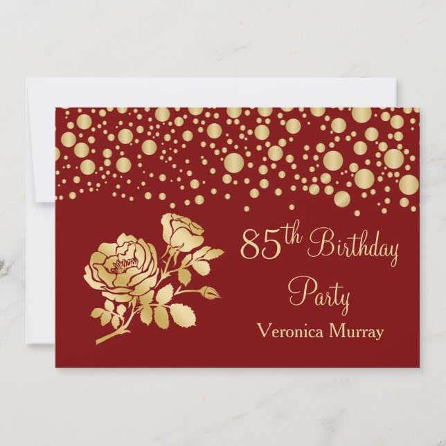 Golden confetti, rose on red 85th Birthday Invitation (Front)