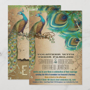 Golden Copper Champagne Gold Peacock Feathers Invitation