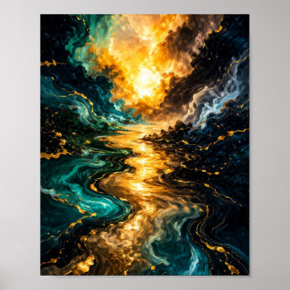 Golden Cosmic Flow Abstract Poster