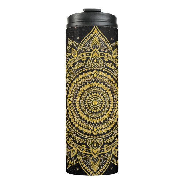 Golden Cosmic Mandala on Black Canvas Thermal Tumbler (Front)