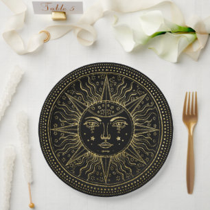 Golden Cosmos   Elegant Gold Sun Face on Black Paper Plate