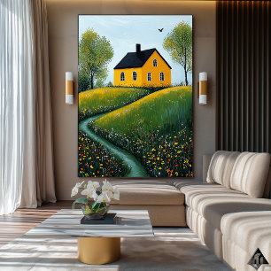 Golden Cottage Retreat – Naïf Cozy Countryside Art Poster