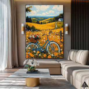 Golden Countryside Escape – Naïf Rural Bicycle Art Poster