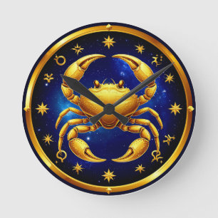 Golden Crab Cosmic Zodiac Round Clock