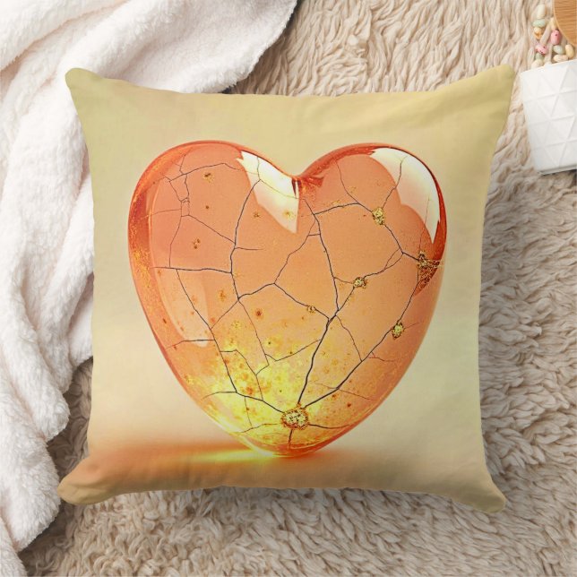 Golden Cracked Heart Glow Throw Pillow (Blanket)