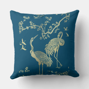 Golden cranes Art, Blue background Throw Pillow