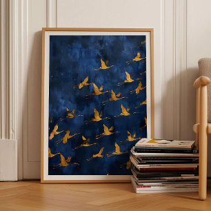 Golden Cranes Print Bird Print Blue Wall Art Moody