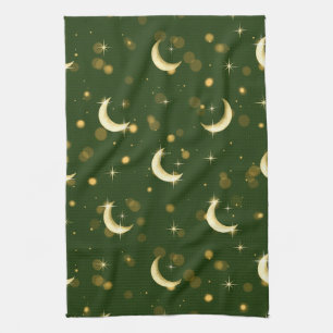 Golden Crescent Moon Bokeh - Celestial Starry Kitchen Towel
