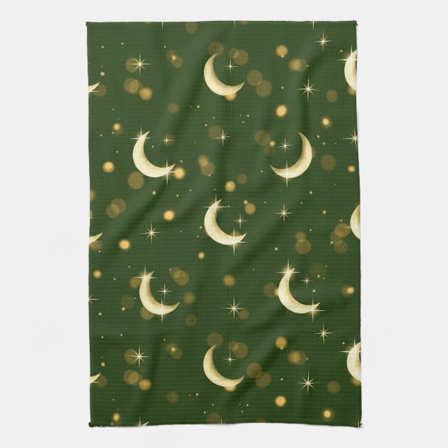 Golden Crescent Moon Bokeh - Celestial Starry Kitchen Towel (Vertical)