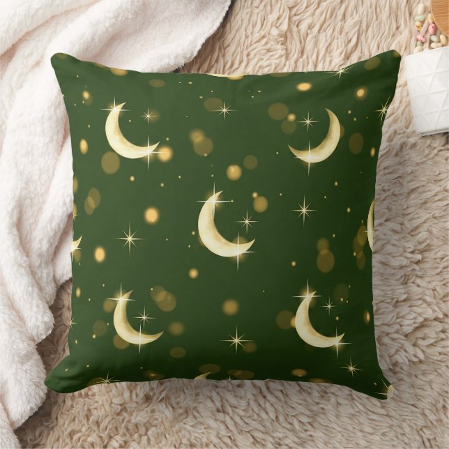 Golden Crescent Moon Bokeh - Celestial Starry Throw Pillow (Blanket)