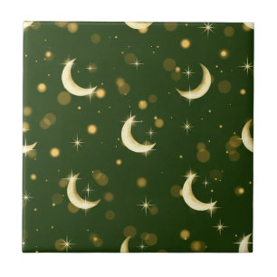Golden Crescent Moon Bokeh - Celestial Starry Tile