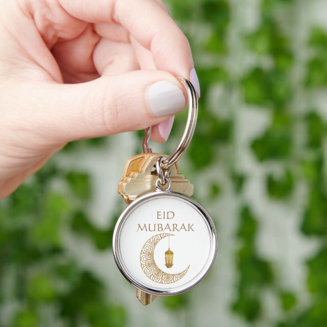 Golden Crescent Moon & Lantern Eid Mubarak Islamic Keychain (Hand)