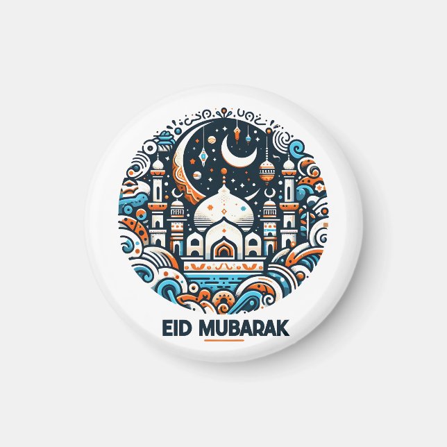 Golden Crescent Moon & Lantern Eid Mubarak Islamic Magnet (Front)