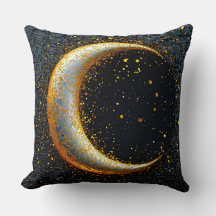 Golden Crescent Moon Surrounded by Sparkling Stars Throw Pillow