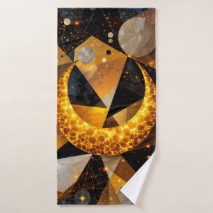Golden Crescent Moon with Cosmic Geometric Stars Bath Towel