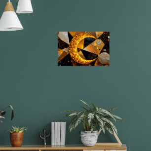 Golden Crescent Moon with Cosmic Geometric Stars Poster